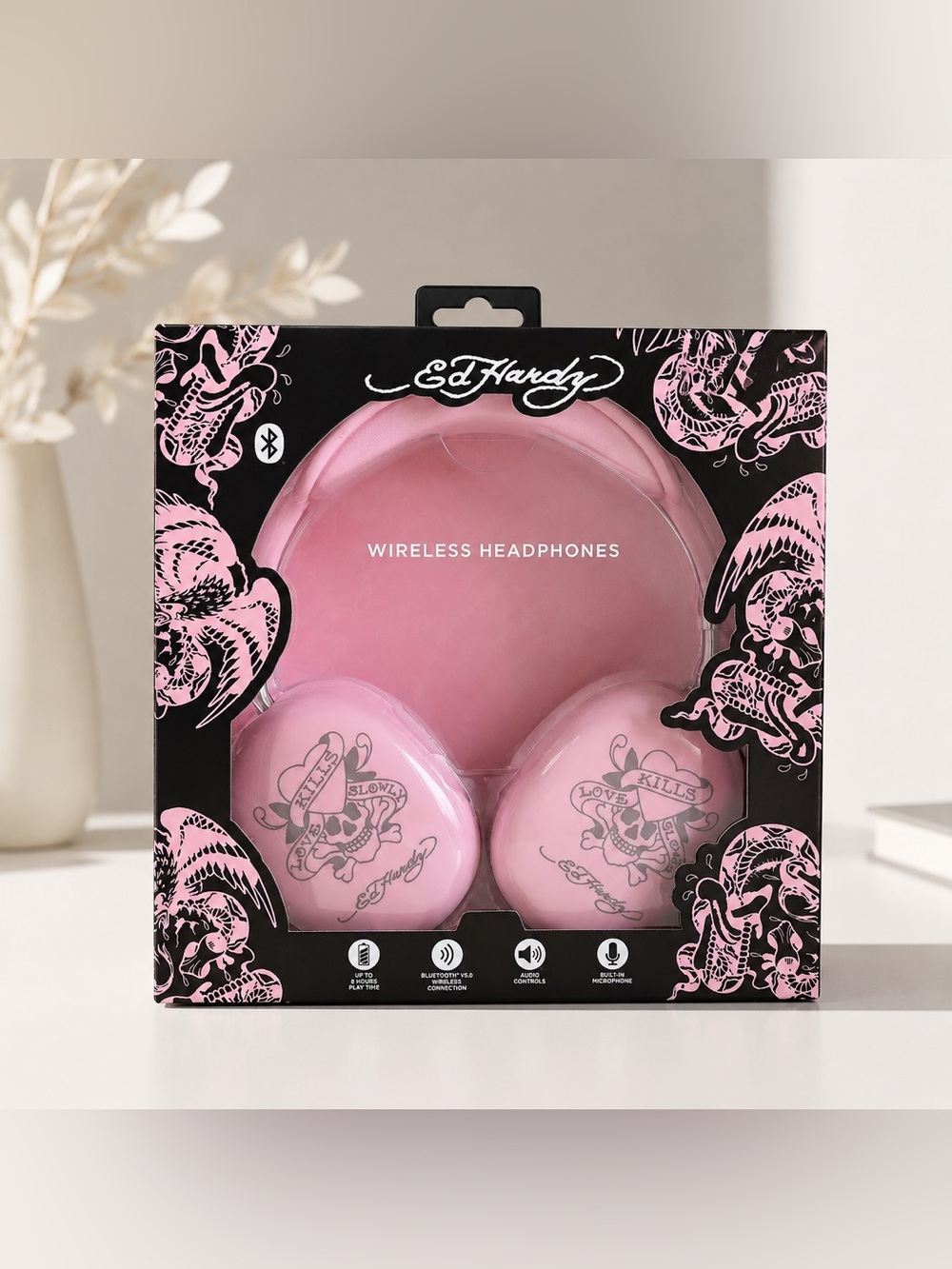 Ed Hardy Pink Tattoo Print Bluetooth Wireless Headphones